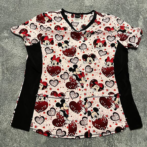 Disney Scrub Shirt Top Womens Large Minnie Mouse Heart Valentines Performance - Picture 1 of 5